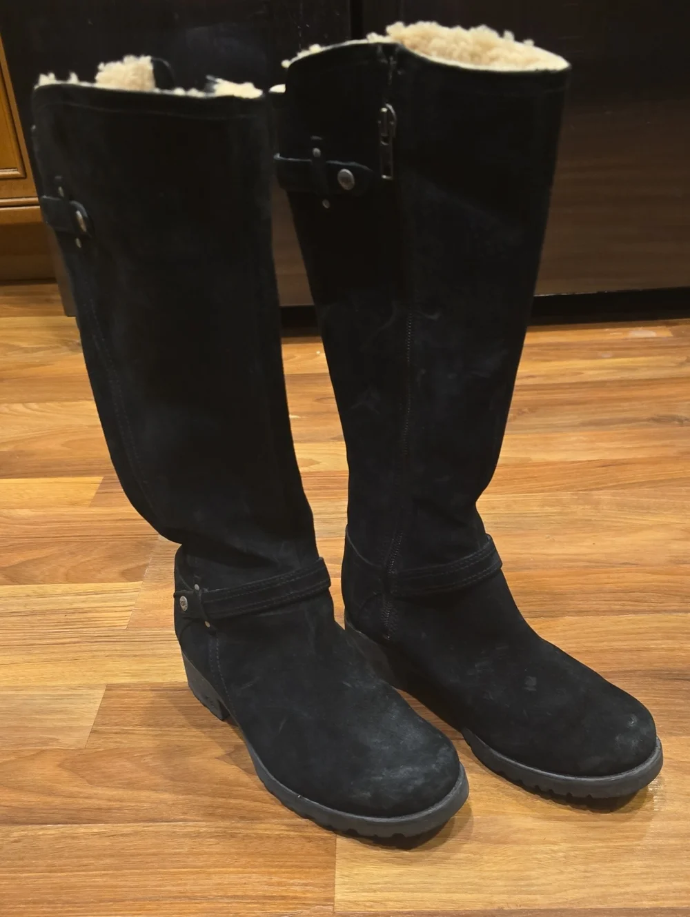 Women's Black Suede Tall Winter Boots with Shearling Lining